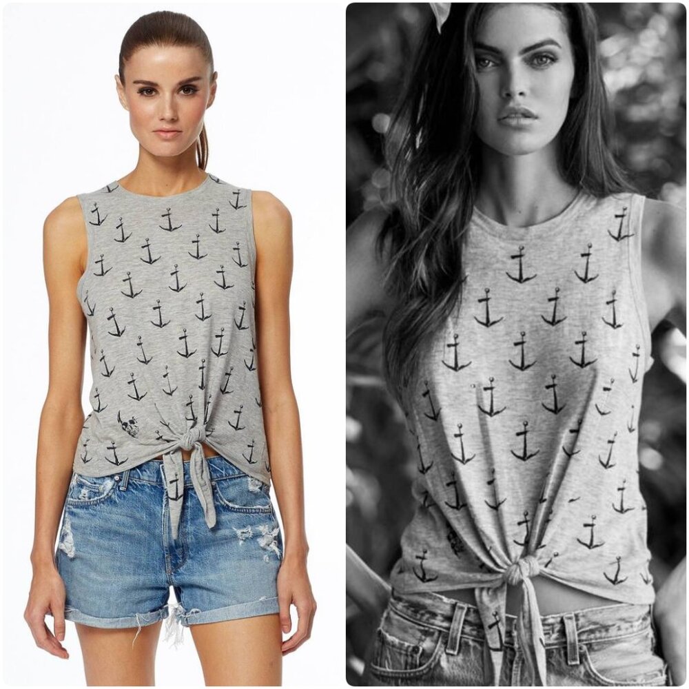 NWT Skull Cashmere Sailor Tee Anchor Skull Print Tie Hem Tank Top Grey XS,M $196